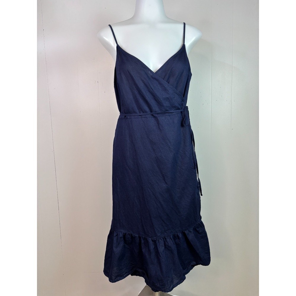 Gap Wrap Dress Navy Blue Linen Cotton Blend Sleeveless Ruffle Hem V-Neck Women's